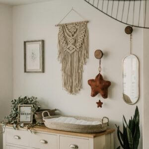 Macrame Cotton Wall Hanging with Fringed Diamond Weave